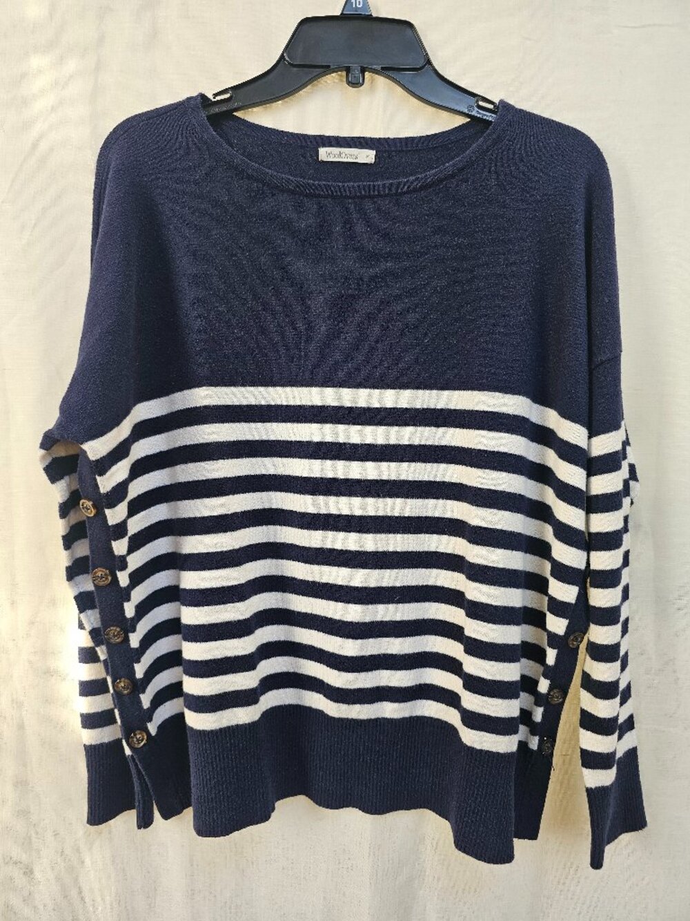 WoolOvers Navy Blue and white stripped boat neck sweater Size M